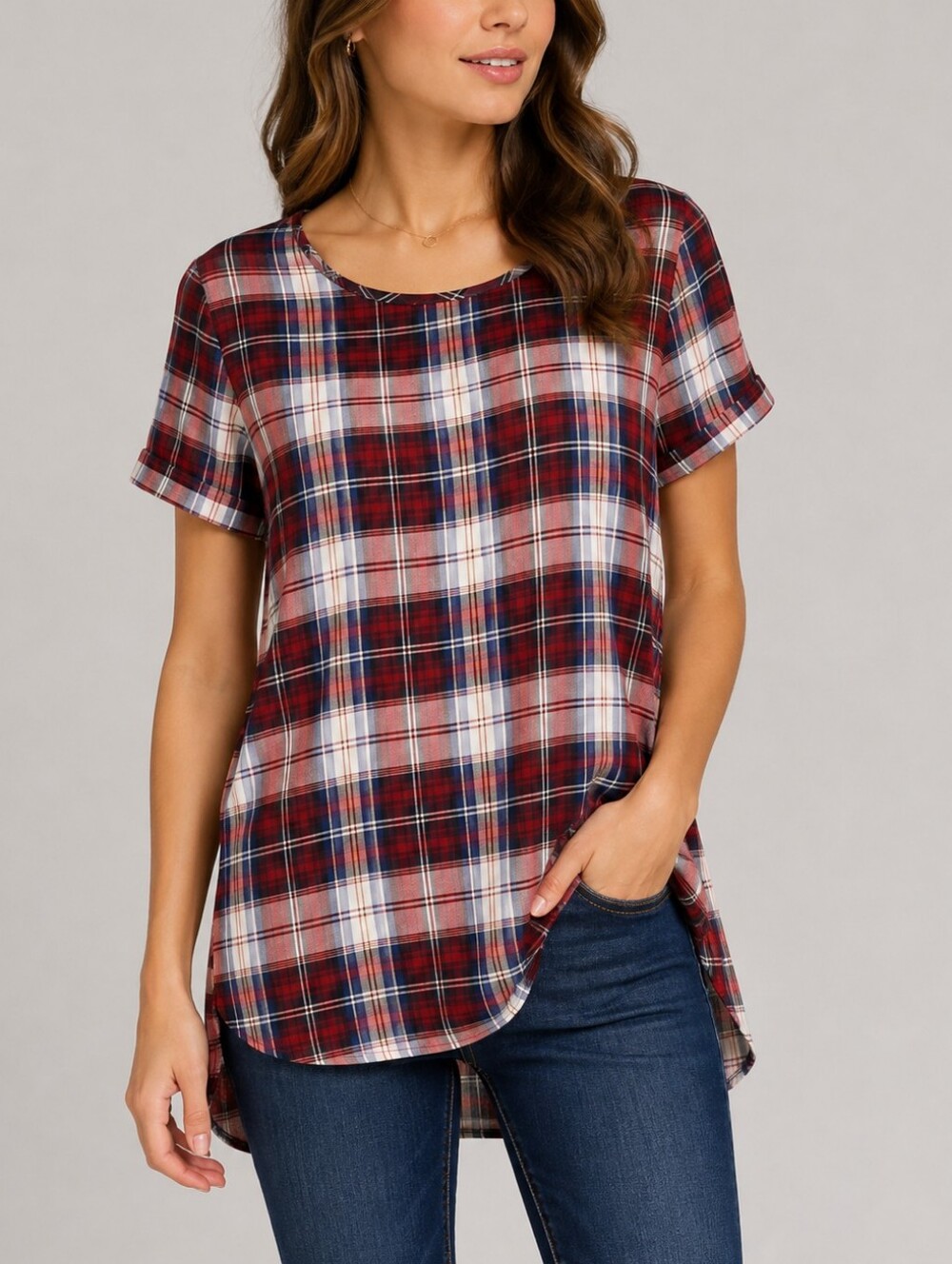 LILA CLOTHING CO. | Women’s Red Plaid High-Low Tunic Top